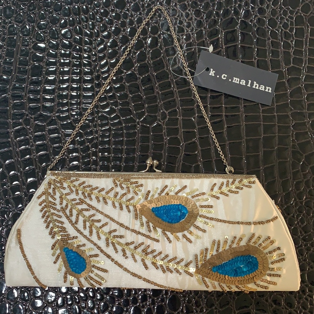 KC Malhan Vintage Ivory Peacock Sequins Purse